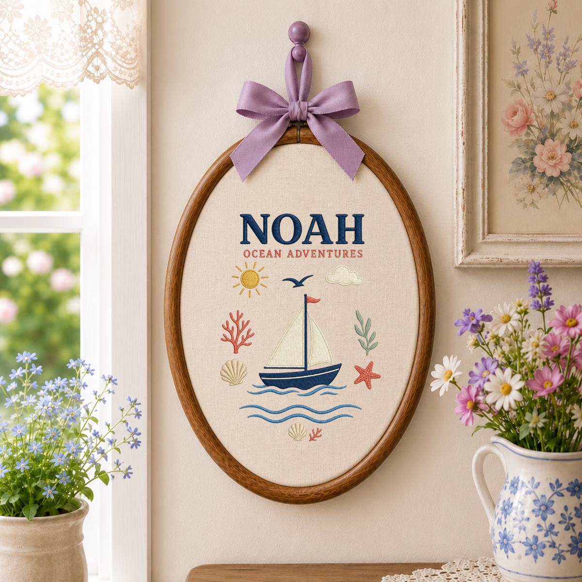 Personalized Nautical Boat Canvas Oval Hoop Decor, Custom Embroidered Ocean Adventure Starfish Shell Sign, Baby Boy Birthday Gift