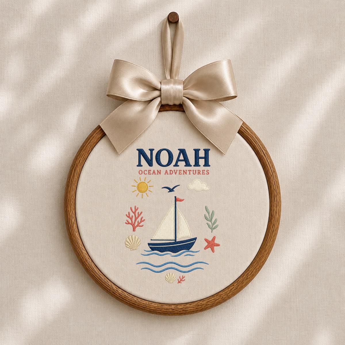 Personalized Nautical Boat Canvas Oval Hoop Decor, Custom Embroidered Ocean Adventure Starfish Shell Sign, Baby Boy Birthday Gift