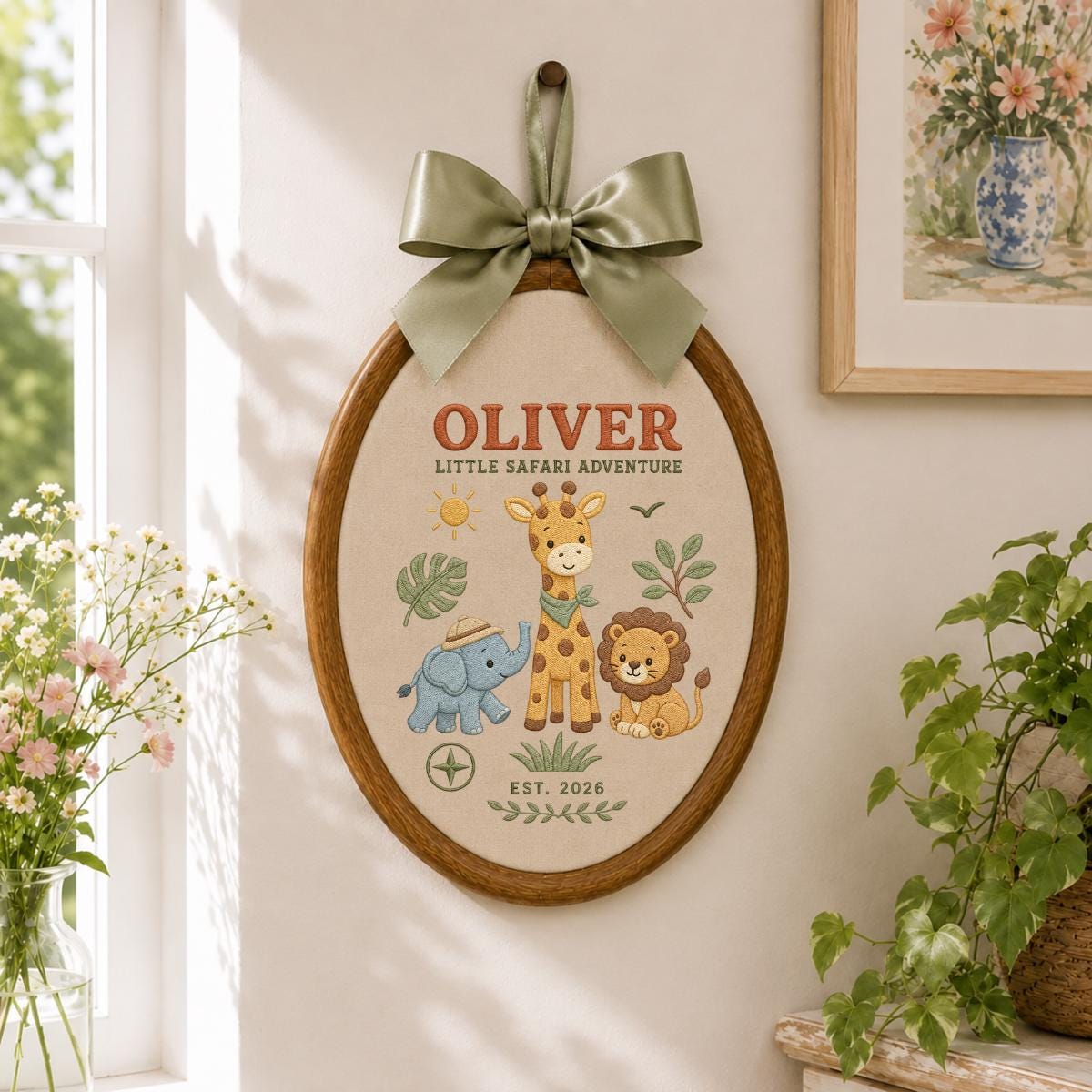 Personalized Jungle Safari Animals Oval Hoop Decor, Custom Embroidered Elephant Giraffe Lion Name Sign, Baby Boy Shower Birthday Gift