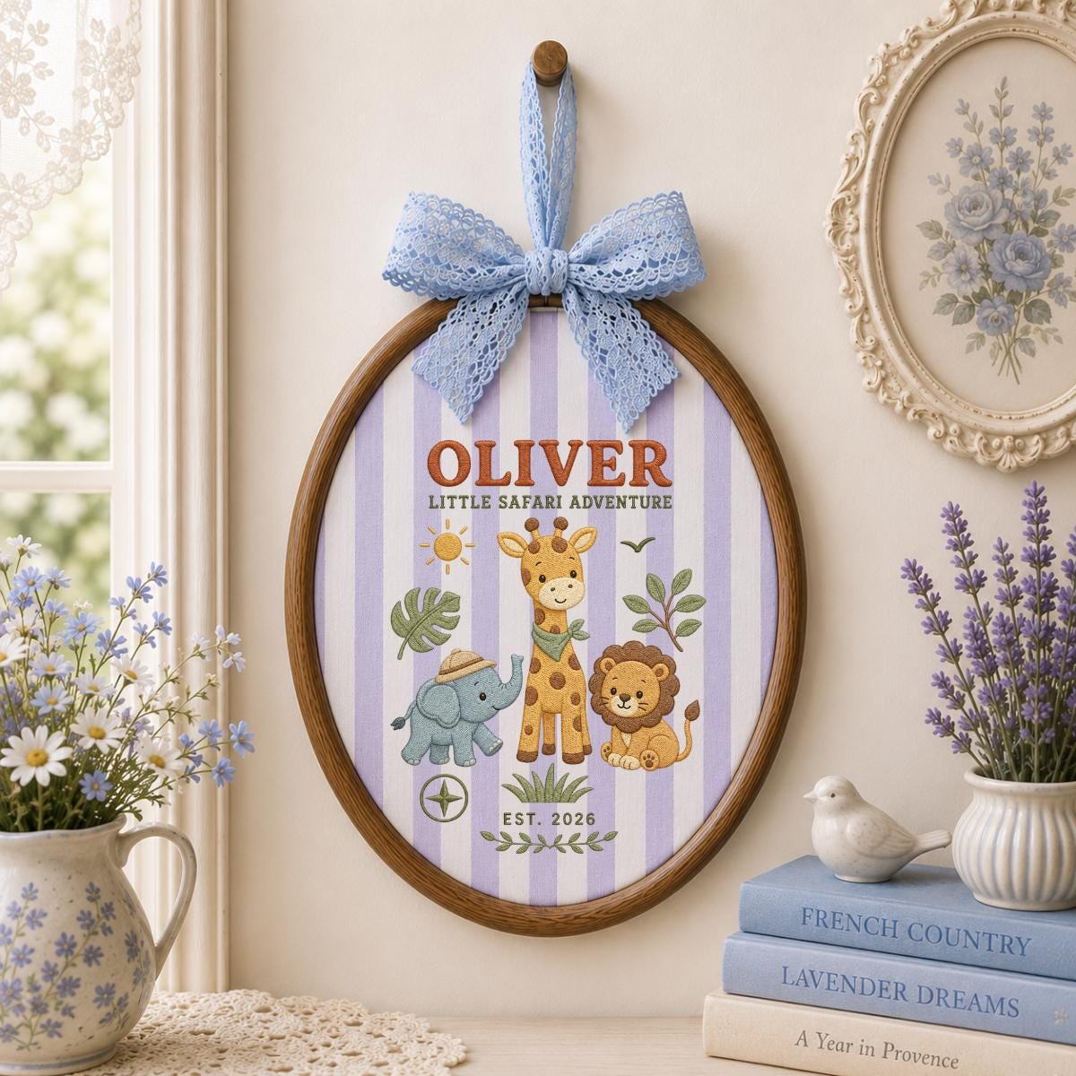 Personalized Jungle Safari Animals Oval Hoop Decor, Custom Embroidered Elephant Giraffe Lion Name Sign, Baby Boy Shower Birthday Gift