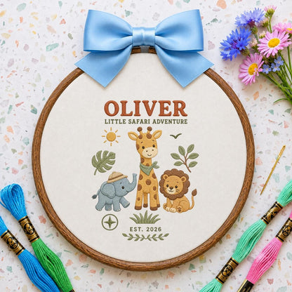Personalized Jungle Safari Animals Oval Hoop Decor, Custom Embroidered Elephant Giraffe Lion Name Sign, Baby Boy Shower Birthday Gift