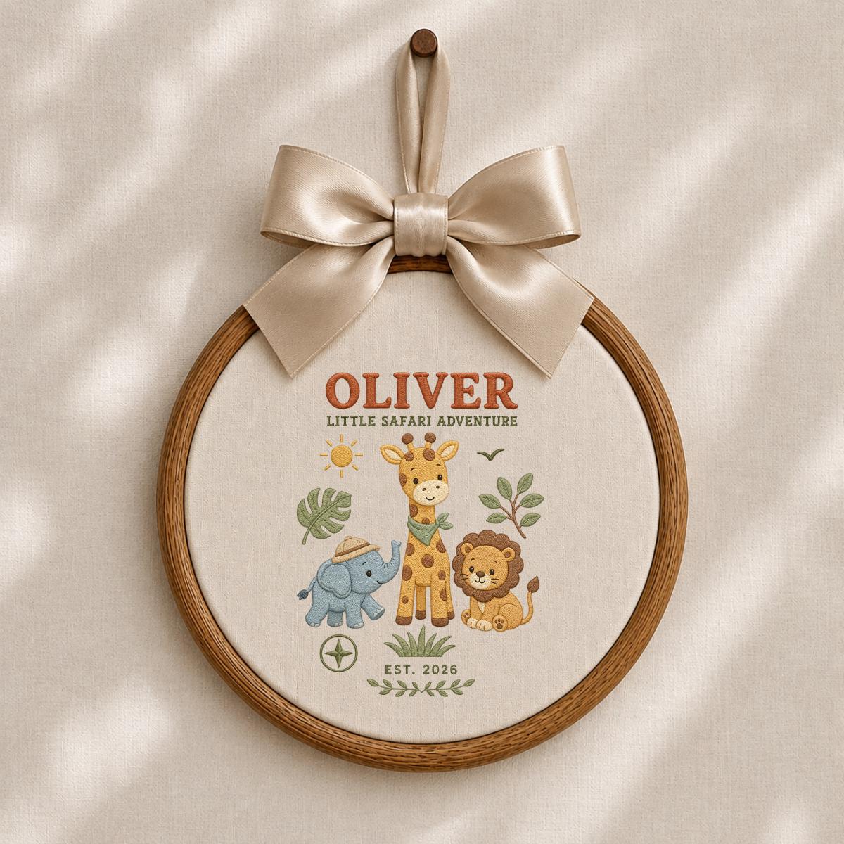 Personalized Jungle Safari Animals Oval Hoop Decor, Custom Embroidered Elephant Giraffe Lion Name Sign, Baby Boy Shower Birthday Gift