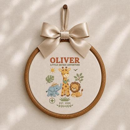 Personalized Jungle Safari Animals Oval Hoop Decor, Custom Embroidered Elephant Giraffe Lion Name Sign, Baby Boy Shower Birthday Gift
