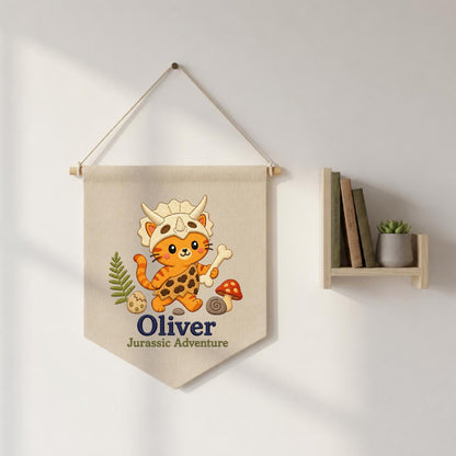 Personalized Dinosaur Cat Canvas Pennant Banner, Custom Name Oliver Jurassic Adventure Embroidered Nursery Wall Hanging Sign