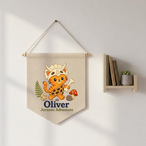 Personalized Dinosaur Cat Canvas Pennant Banner, Custom Name Oliver Jurassic Adventure Embroidered Nursery Wall Hanging Sign