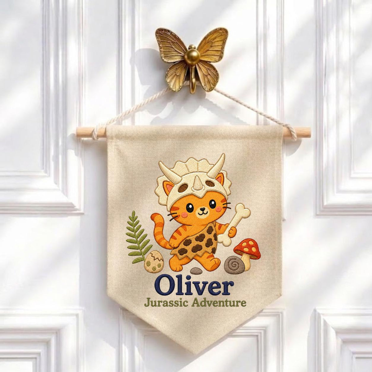 Personalized Dinosaur Cat Canvas Pennant Banner, Custom Name Oliver Jurassic Adventure Embroidered Nursery Wall Hanging Sign