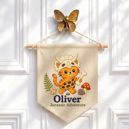 Personalized Dinosaur Cat Canvas Pennant Banner, Custom Name Oliver Jurassic Adventure Embroidered Nursery Wall Hanging Sign