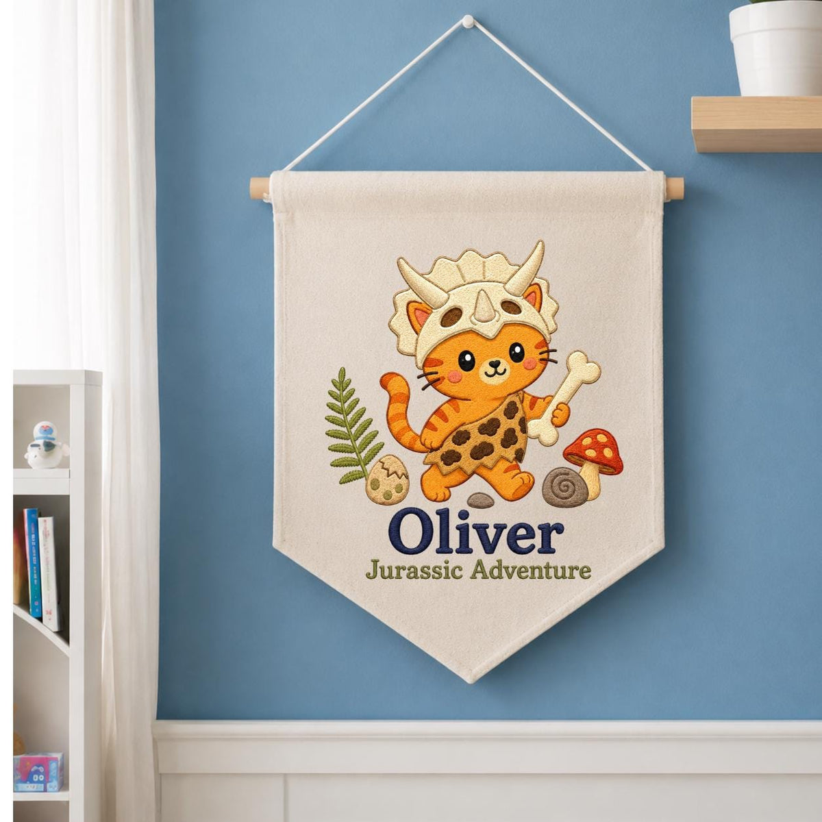 Personalized Dinosaur Cat Canvas Pennant Banner, Custom Name Oliver Jurassic Adventure Embroidered Nursery Wall Hanging Sign