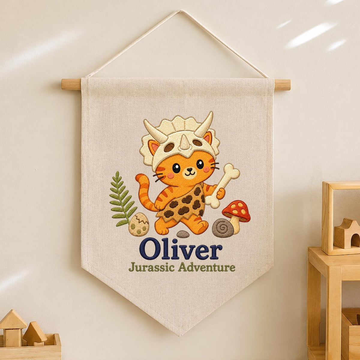 Personalized Dinosaur Cat Canvas Pennant Banner, Custom Name Oliver Jurassic Adventure Embroidered Nursery Wall Hanging Sign