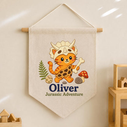 Personalized Dinosaur Cat Canvas Pennant Banner, Custom Name Oliver Jurassic Adventure Embroidered Nursery Wall Hanging Sign