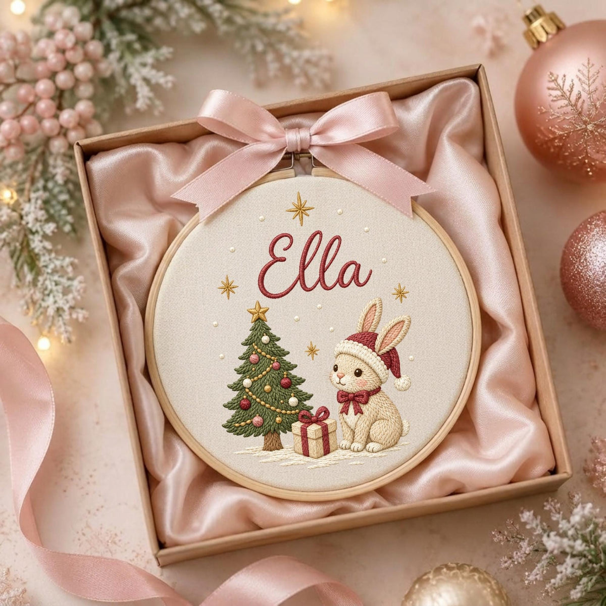 May include: A round wooden embroidery hoop containing a cream-colored fabric with a stitched design of a Christmas tree, a gift box, and a rabbit wearing a red hat. The name Ella is embroidered in red script above the tree. A pink satin ribbon bow is attached to the top of the hoop.