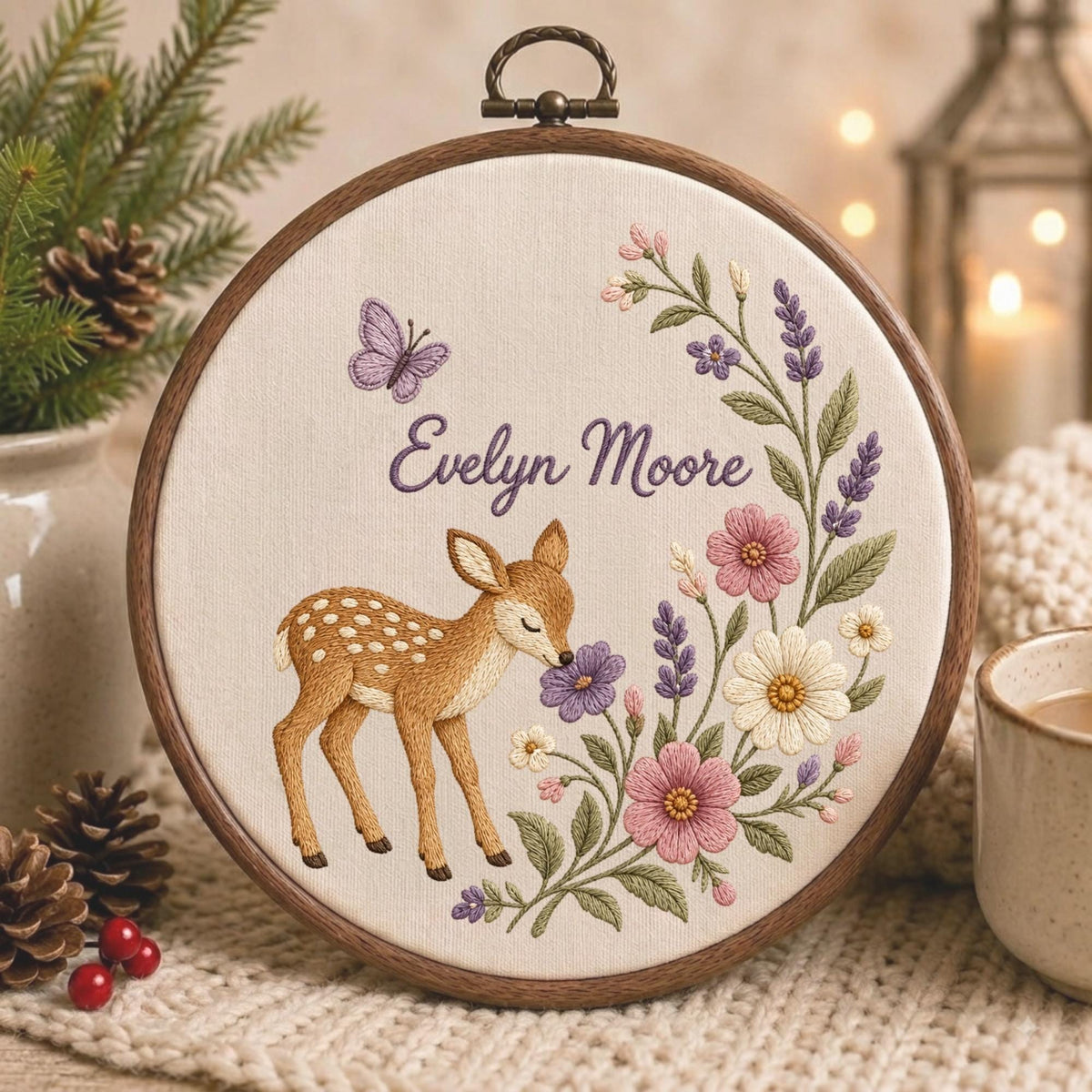 May include: A circular wooden embroidery hoop containing cream fabric with a stitched design of a brown fawn, a purple butterfly, and colorful flowers. The name Evelyn Moore is embroidered in purple script in the center of the hoop.