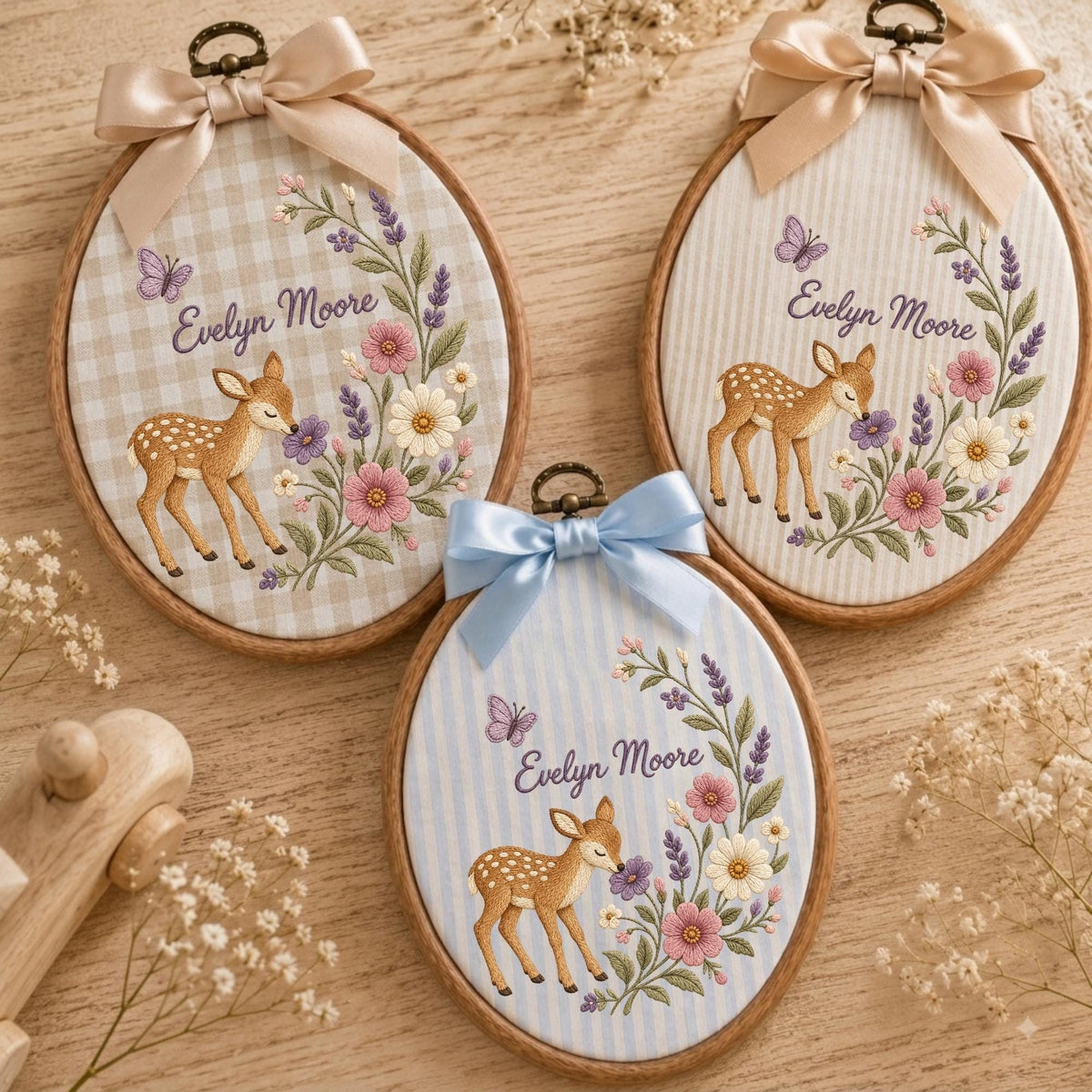 May include: Three oval embroidery hoops featuring fabric backgrounds with a fawn, floral arrangements, and a butterfly. Each hoop displays the name Evelyn Moore in script, topped with a satin ribbon bow in beige, light pink, or light blue.