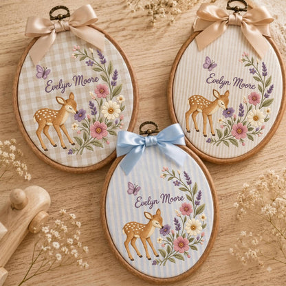 May include: Three oval embroidery hoops featuring fabric backgrounds with a fawn, floral arrangements, and a butterfly. Each hoop displays the name Evelyn Moore in script, topped with a satin ribbon bow in beige, light pink, or light blue.