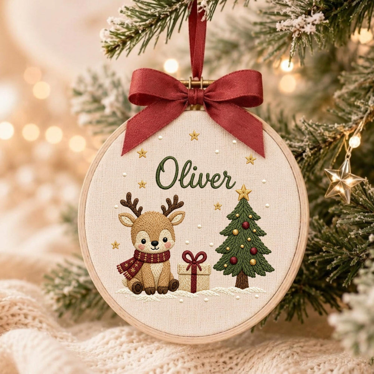May include: A round wooden embroidery hoop ornament featuring a cream-colored fabric background. The design includes an embroidered brown reindeer wearing a red scarf, a green Christmas tree, a gift box, and the name Oliver in green script.