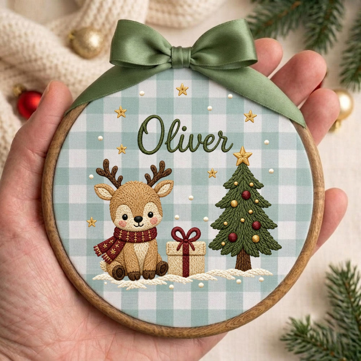 May include: A round wooden embroidery hoop featuring a light blue and white gingham fabric background. The design includes an embroidered brown reindeer wearing a red scarf, a decorated Christmas tree, a gift box, and the name Oliver.