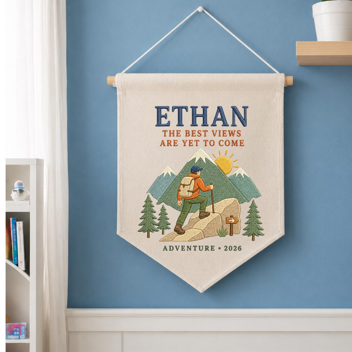 Personalized Hiking Mountain Adventure Hoop Art, Custom Name Ethan The Best Views Are Yet To Come Embroidered Wall Decor, Hiker Gift
