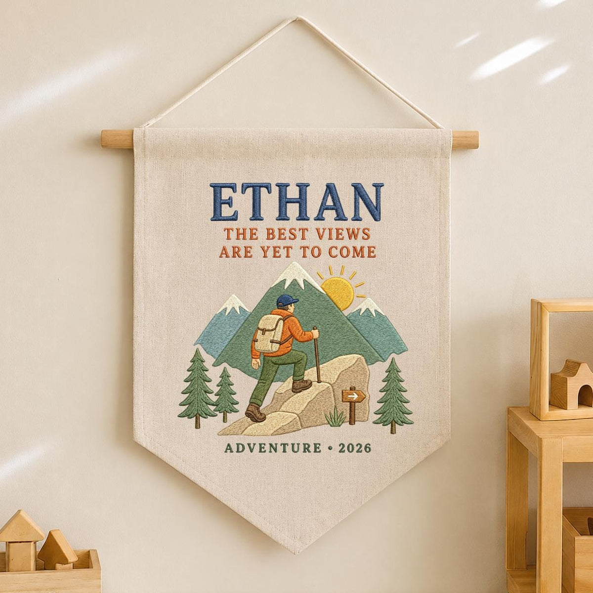 Personalized Hiking Mountain Adventure Hoop Art, Custom Name Ethan The Best Views Are Yet To Come Embroidered Wall Decor, Hiker Gift