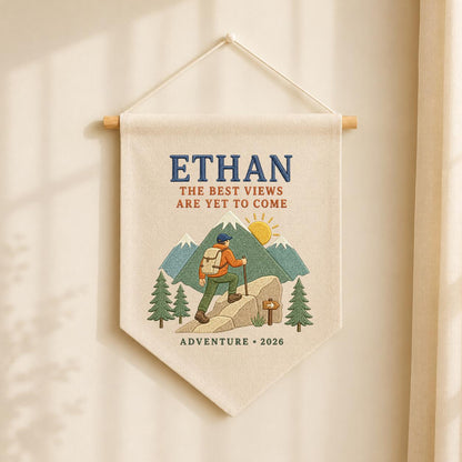 Personalized Hiking Mountain Adventure Hoop Art, Custom Name Ethan The Best Views Are Yet To Come Embroidered Wall Decor, Hiker Gift