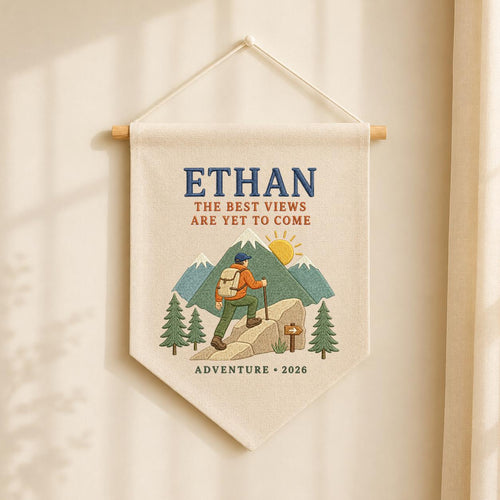 Personalized Hiking Mountain Adventure Hoop Art, Custom Name Ethan The Best Views Are Yet To Come Embroidered Wall Decor, Hiker Gift