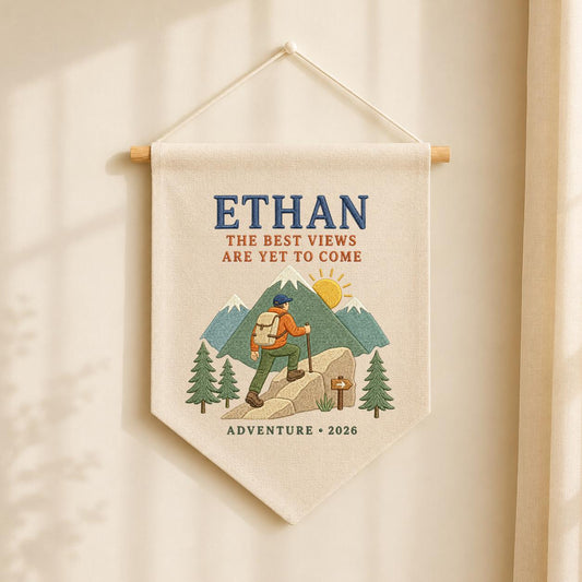 Personalized Hiking Mountain Adventure Hoop Art, Custom Name Ethan The Best Views Are Yet To Come Embroidered Wall Decor, Hiker Gift