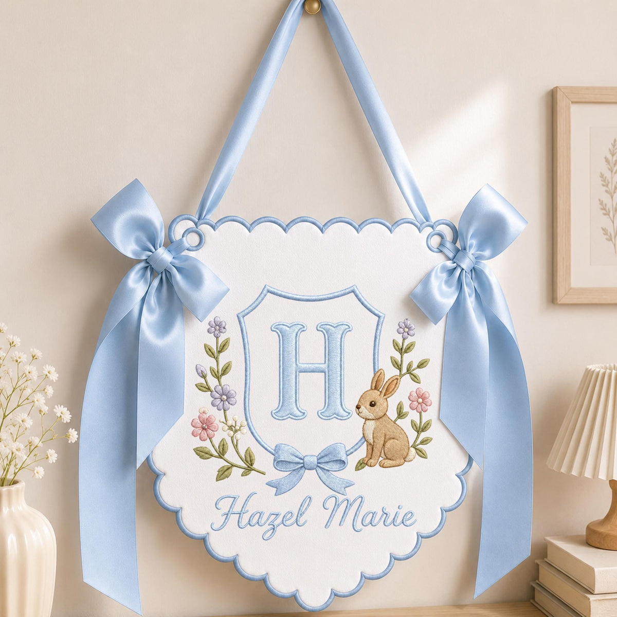 Personalized Monogram Nursery Wall Hanging Banner, Custom Baby Name Sign, Bunny Floral Nursery Decor, Baby Girl Gift, Initial Wall Decor
