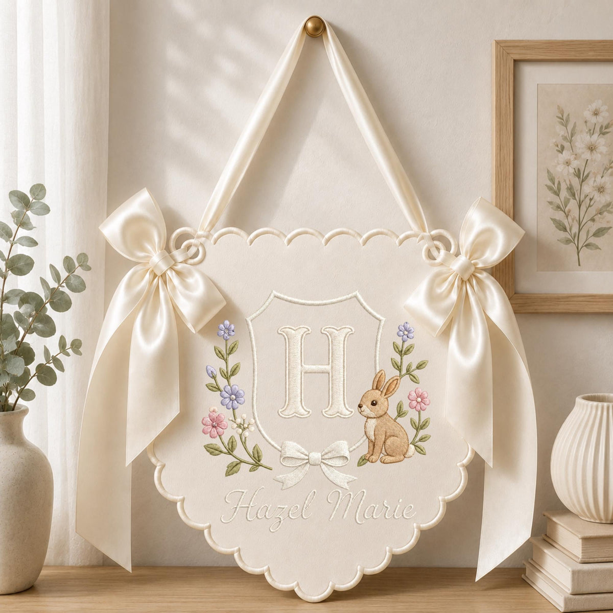 Personalized Monogram Nursery Wall Hanging Banner, Custom Baby Name Sign, Bunny Floral Nursery Decor, Baby Girl Gift, Initial Wall Decor