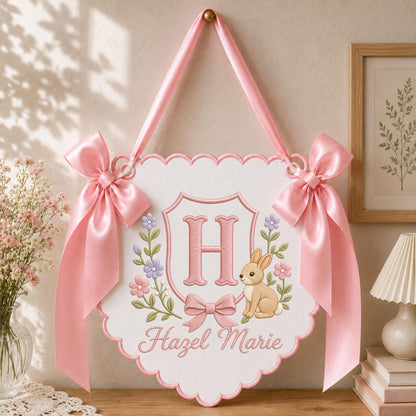 Personalized Monogram Nursery Wall Hanging Banner, Custom Baby Name Sign, Bunny Floral Nursery Decor, Baby Girl Gift, Initial Wall Decor