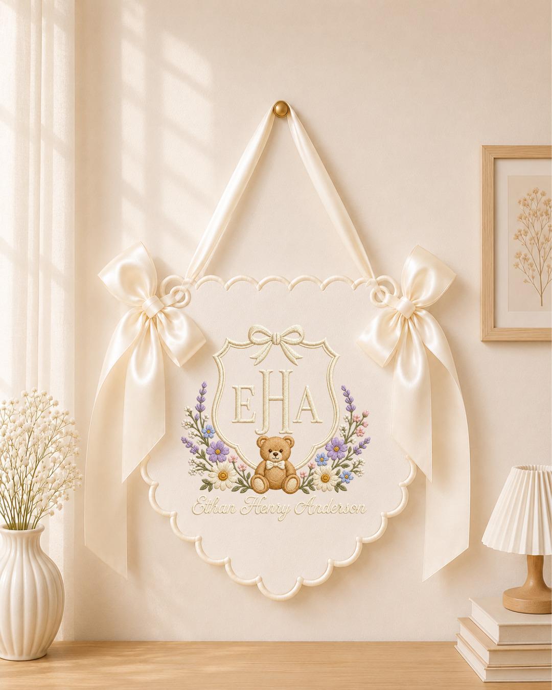 Personalized Embroidered Baby Name Banner, Custom Nursery Wall Decor, Teddy Bear Baby Gift, Baby Boy Name Sign, Newborn Keepsake