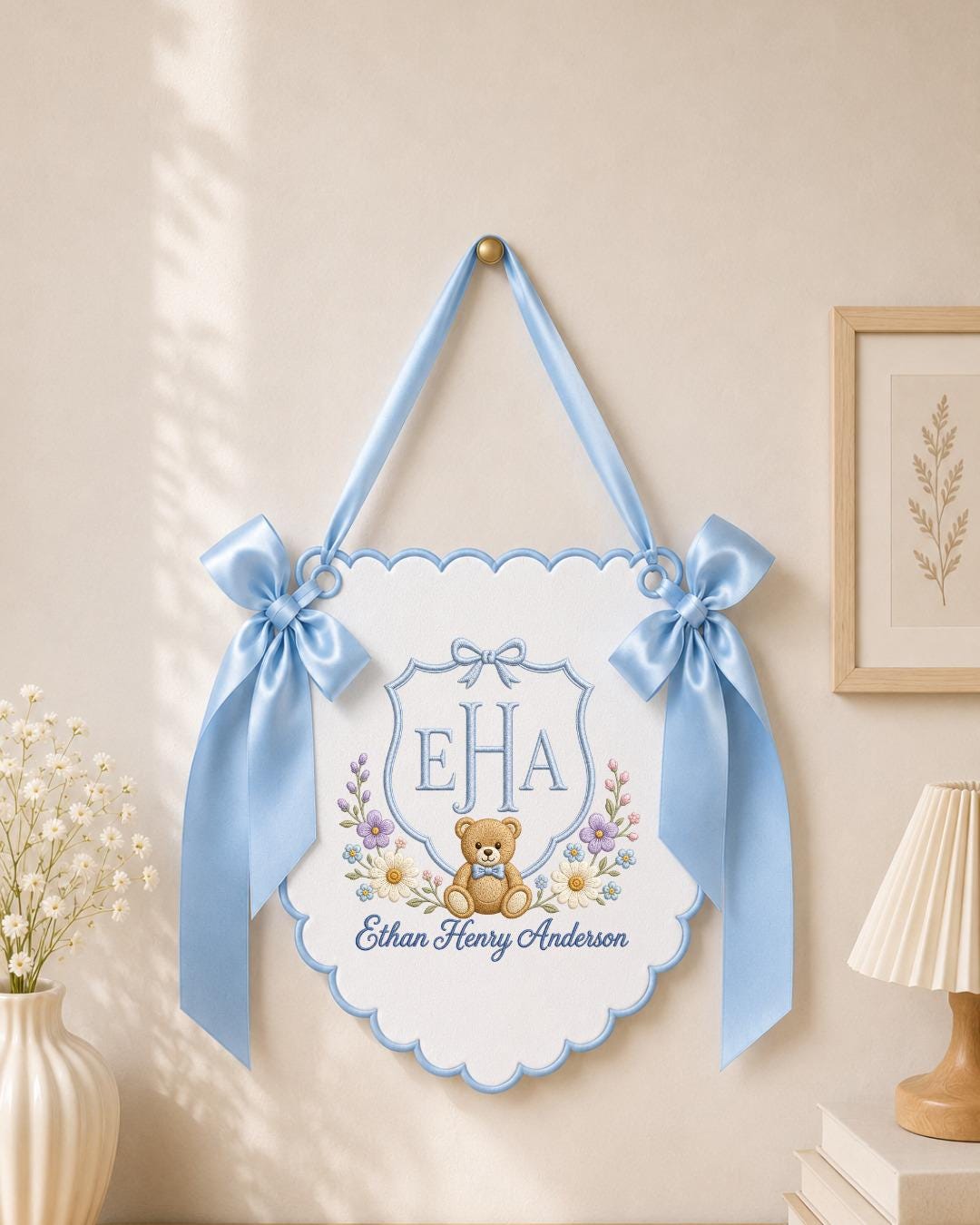 Personalized Embroidered Baby Name Banner, Custom Nursery Wall Decor, Teddy Bear Baby Gift, Baby Boy Name Sign, Newborn Keepsake