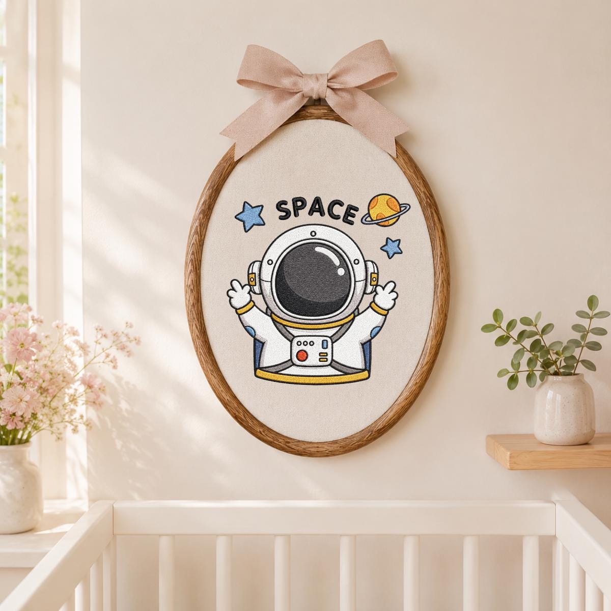 Embroidered Astronaut Space Wall Art Decor, Cute Spaceman Galaxy Planet Stars Oval Wood Hoop Hanging Sign, Baby Boy Room Decor, Gift