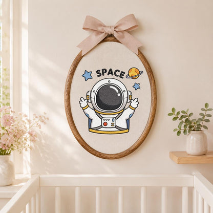 Embroidered Astronaut Space Wall Art Decor, Cute Spaceman Galaxy Planet Stars Oval Wood Hoop Hanging Sign, Baby Boy Room Decor, Gift