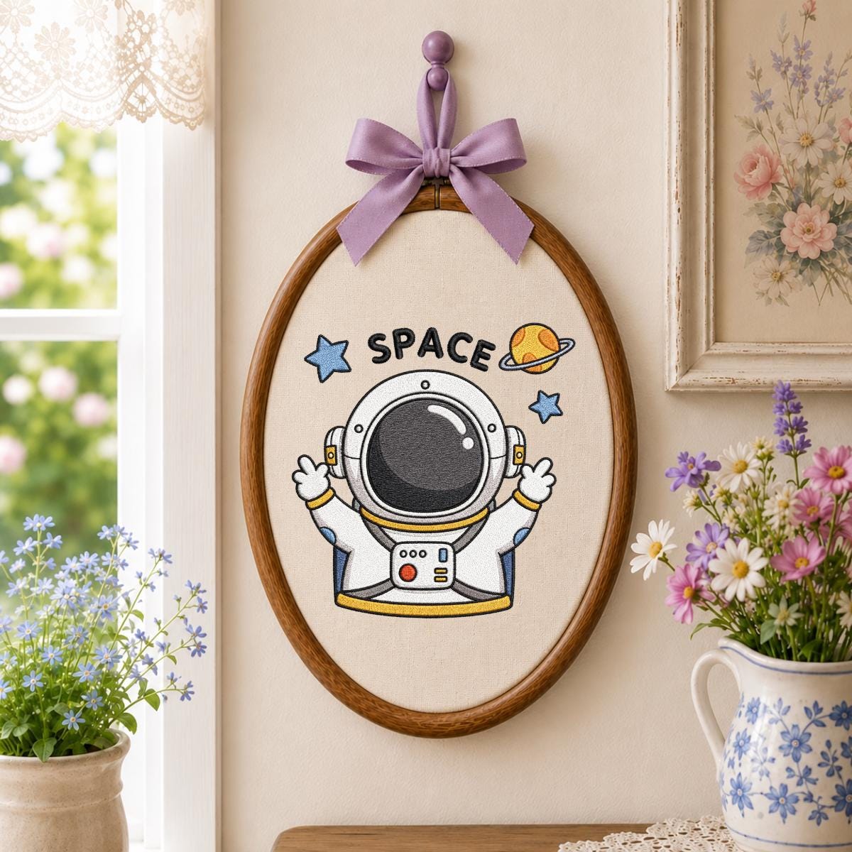 Embroidered Astronaut Space Wall Art Decor, Cute Spaceman Galaxy Planet Stars Oval Wood Hoop Hanging Sign, Baby Boy Room Decor, Gift