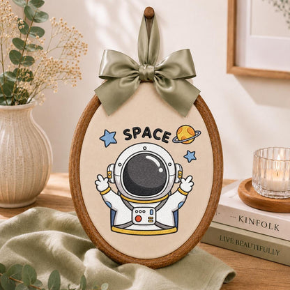 Embroidered Astronaut Space Wall Art Decor, Cute Spaceman Galaxy Planet Stars Oval Wood Hoop Hanging Sign, Baby Boy Room Decor, Gift