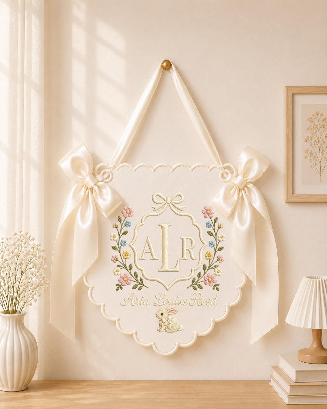 Personalized Embroidered Baby Name Banner, Custom Nursery Wall Decor, Floral Bunny Baby Girl Name Sign, Monogram Nursery Decor, Newborn Gift