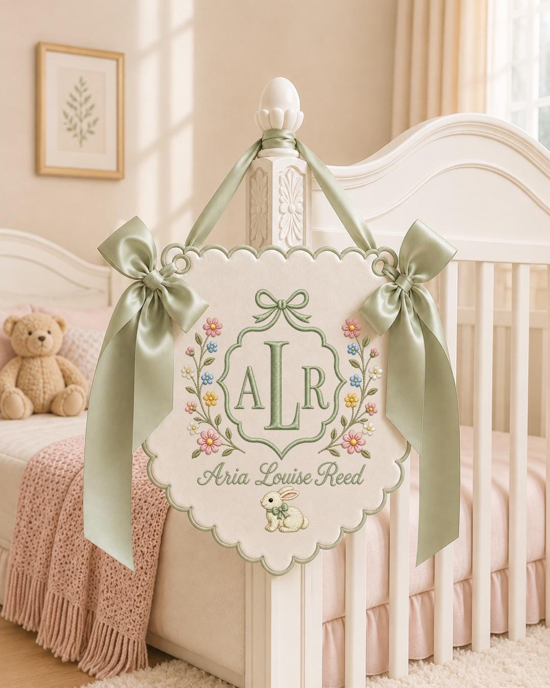 Personalized Embroidered Baby Name Banner, Custom Nursery Wall Decor, Floral Bunny Baby Girl Name Sign, Monogram Nursery Decor, Newborn Gift