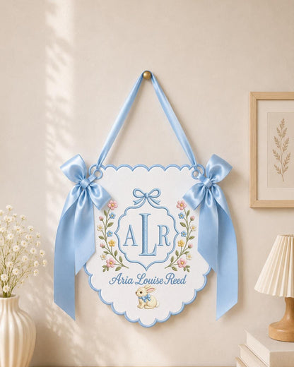 Personalized Embroidered Baby Name Banner, Custom Nursery Wall Decor, Floral Bunny Baby Girl Name Sign, Monogram Nursery Decor, Newborn Gift