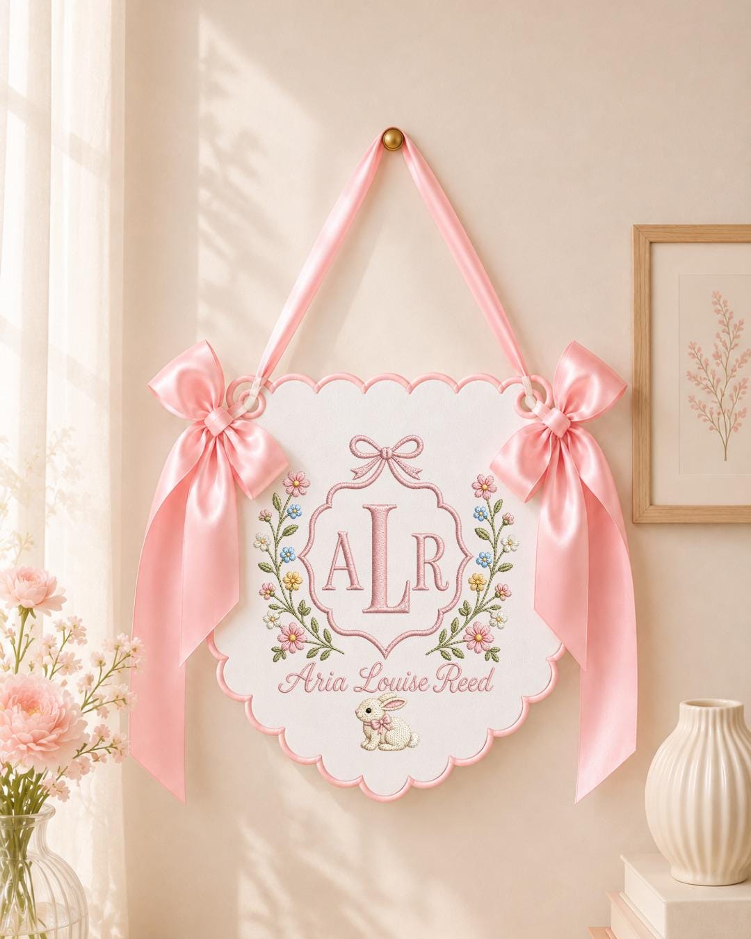 Personalized Embroidered Baby Name Banner, Custom Nursery Wall Decor, Floral Bunny Baby Girl Name Sign, Monogram Nursery Decor, Newborn Gift