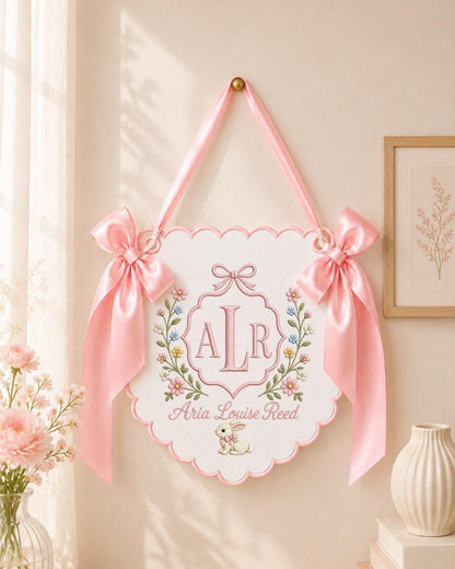 Personalized Embroidered Baby Name Banner, Custom Nursery Wall Decor, Floral Bunny Baby Girl Name Sign, Monogram Nursery Decor, Newborn Gift