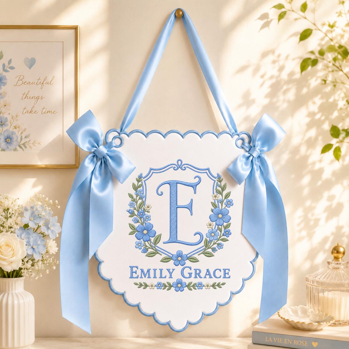 Custom Name Initial Embroidered Scalloped Wall Banner Decor, Lavender Satin Bows Purple Floral Crest Baby Shower Newborn Gift