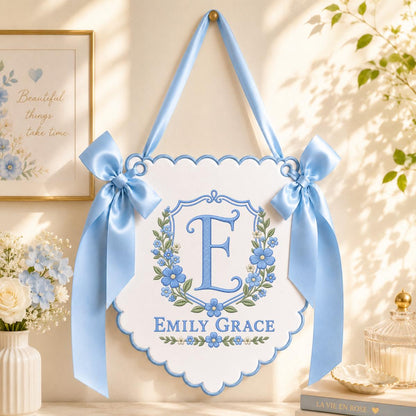 Custom Name Initial Embroidered Scalloped Wall Banner Decor, Lavender Satin Bows Purple Floral Crest Baby Shower Newborn Gift