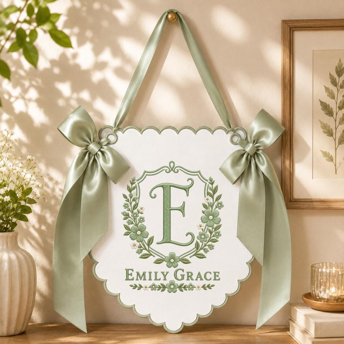 Custom Name Initial Embroidered Scalloped Wall Banner Decor, Lavender Satin Bows Purple Floral Crest Baby Shower Newborn Gift