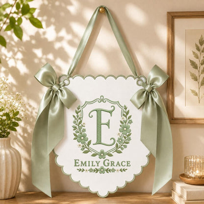 Custom Name Initial Embroidered Scalloped Wall Banner Decor, Lavender Satin Bows Purple Floral Crest Baby Shower Newborn Gift