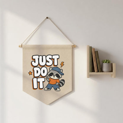 Embroidered Just Do It Raccoon Canvas Pennant Banner Decor, Cool Animal Streetwear Kids Room Playroom Wall Hanging Sign, Boy Birthday Gift