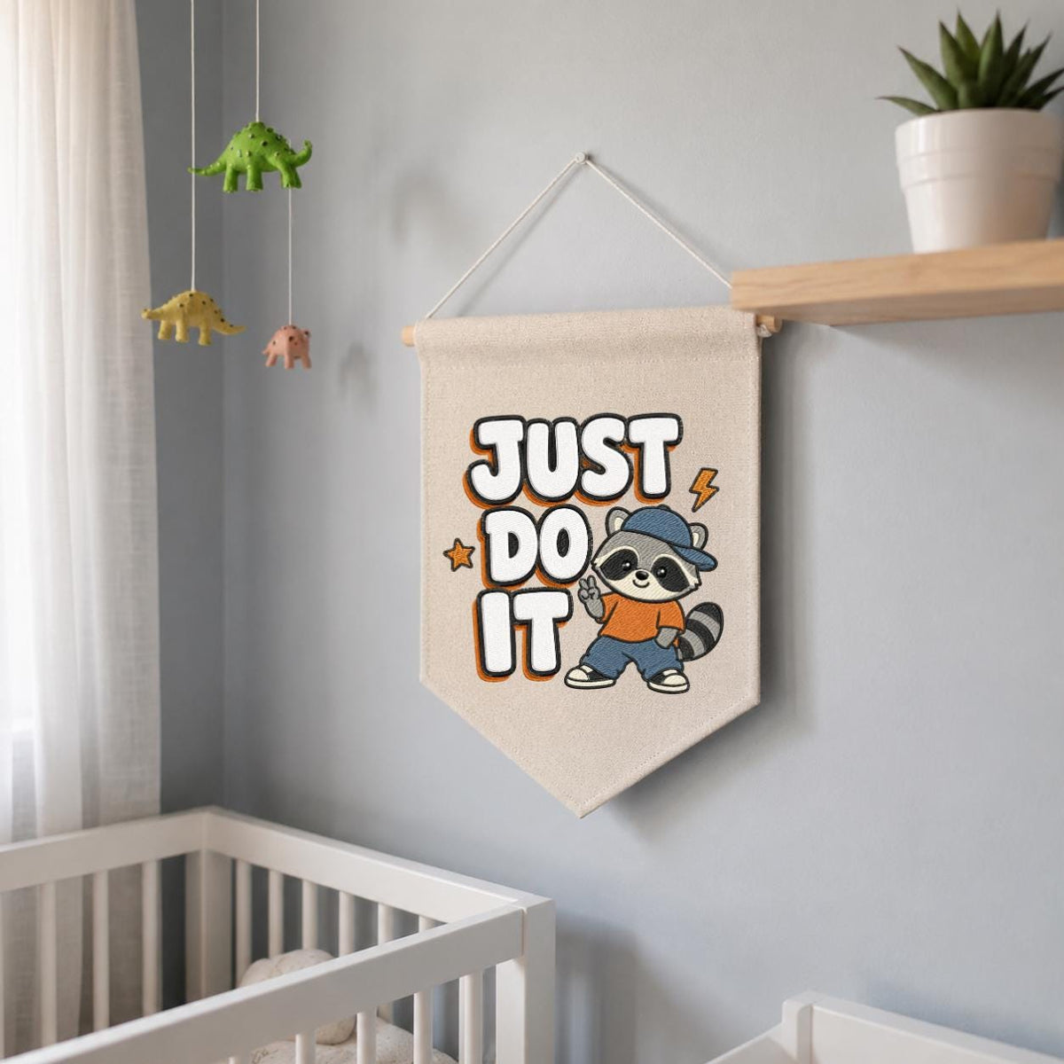 Embroidered Just Do It Raccoon Canvas Pennant Banner Decor, Cool Animal Streetwear Kids Room Playroom Wall Hanging Sign, Boy Birthday Gift