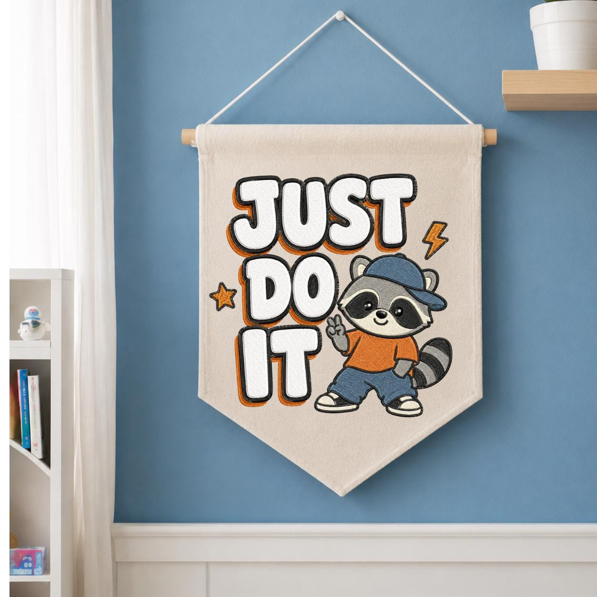 Embroidered Just Do It Raccoon Canvas Pennant Banner Decor, Cool Animal Streetwear Kids Room Playroom Wall Hanging Sign, Boy Birthday Gift