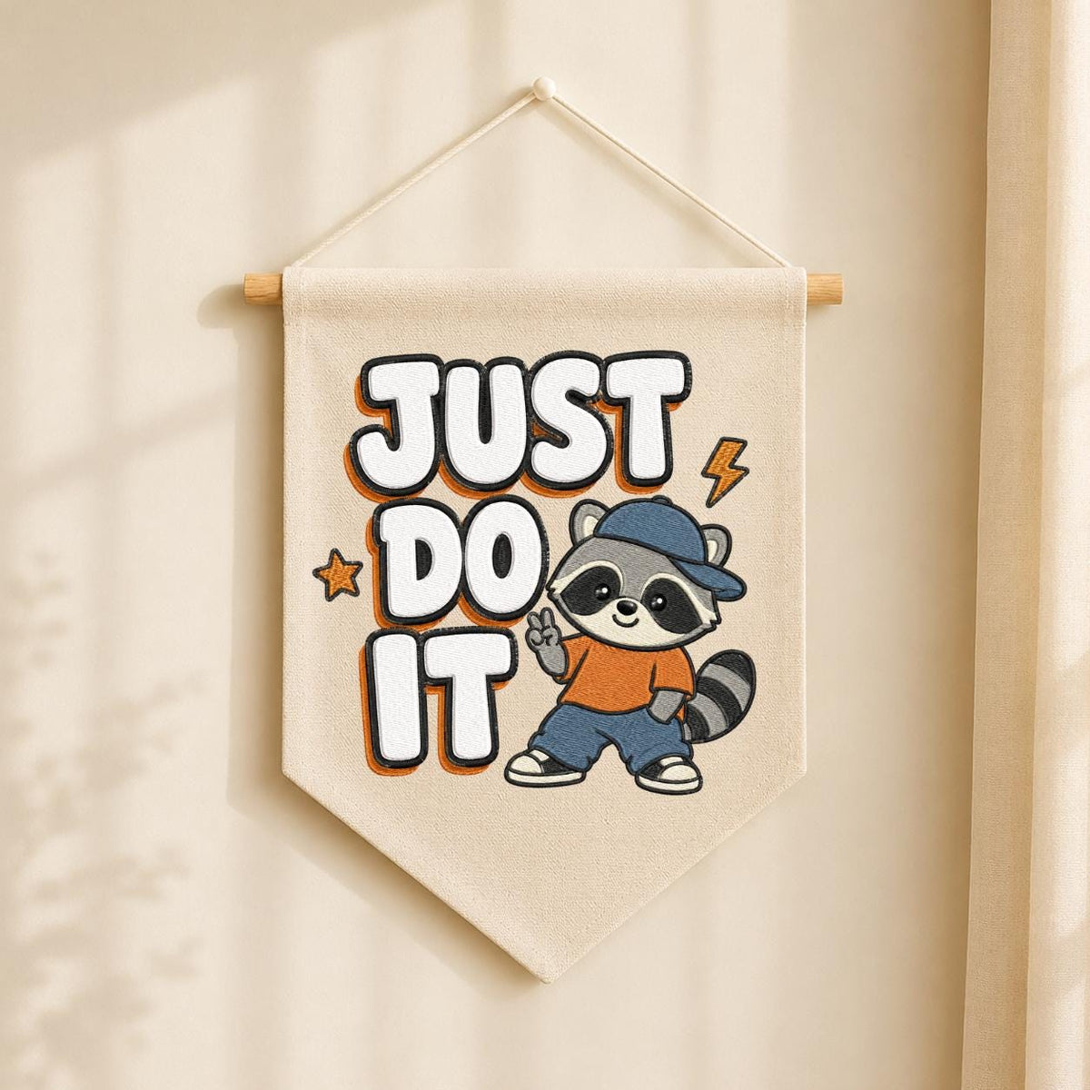 Embroidered Just Do It Raccoon Canvas Pennant Banner Decor, Cool Animal Streetwear Kids Room Playroom Wall Hanging Sign, Boy Birthday Gift
