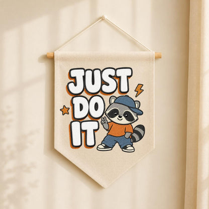 Embroidered Just Do It Raccoon Canvas Pennant Banner Decor, Cool Animal Streetwear Kids Room Playroom Wall Hanging Sign, Boy Birthday Gift