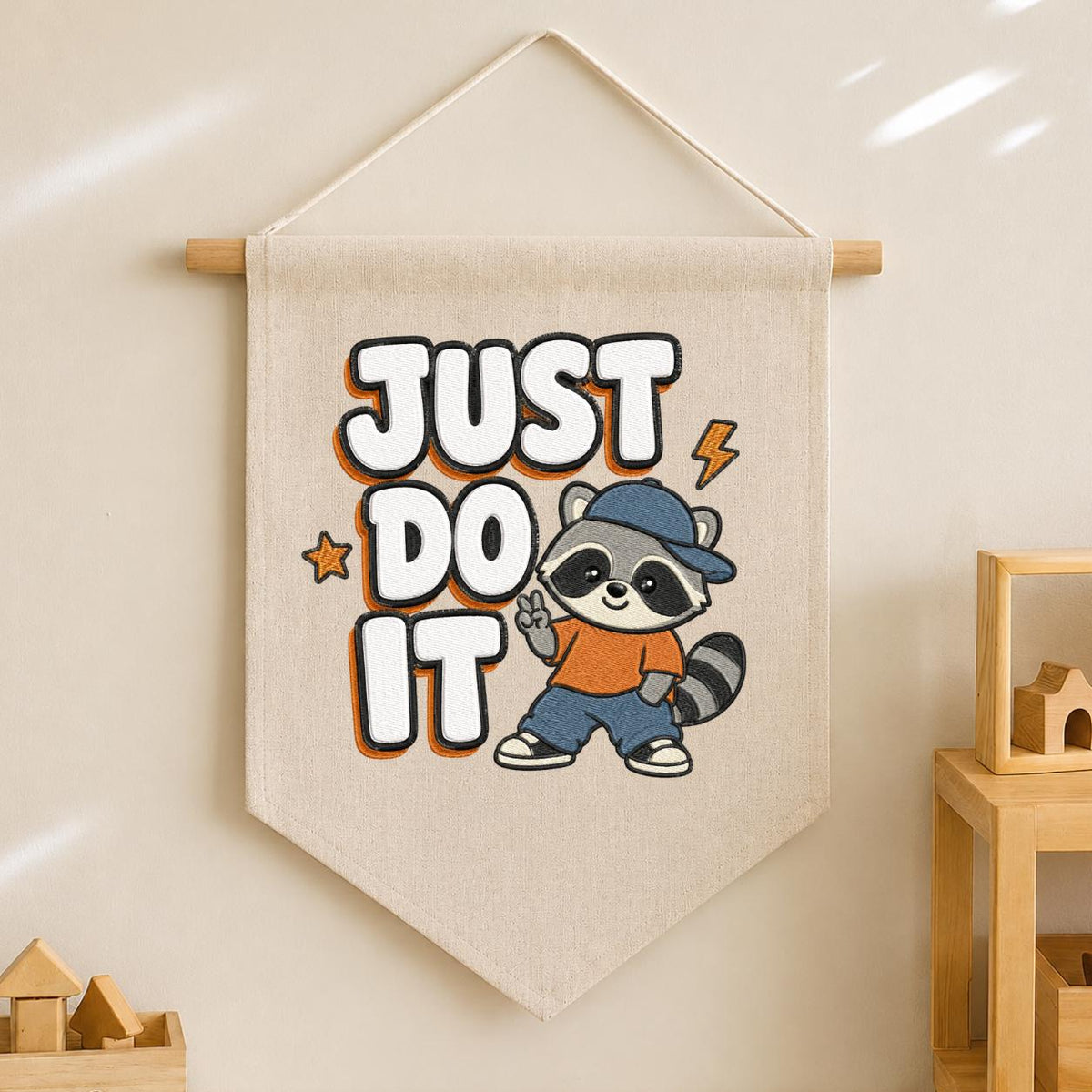 Embroidered Just Do It Raccoon Canvas Pennant Banner Decor, Cool Animal Streetwear Kids Room Playroom Wall Hanging Sign, Boy Birthday Gift