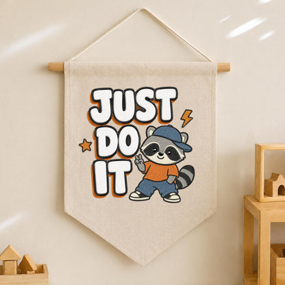 Embroidered Just Do It Raccoon Canvas Pennant Banner Decor, Cool Animal Streetwear Kids Room Playroom Wall Hanging Sign, Boy Birthday Gift